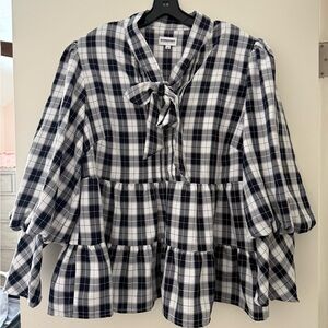 ALICE by Temperley Navy & White Plaid Tie-Neck Peplum Blouse